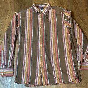 Gap Men’s Size L Brown Orange Pink White Striped‎ Long Sleeve Button Shirt